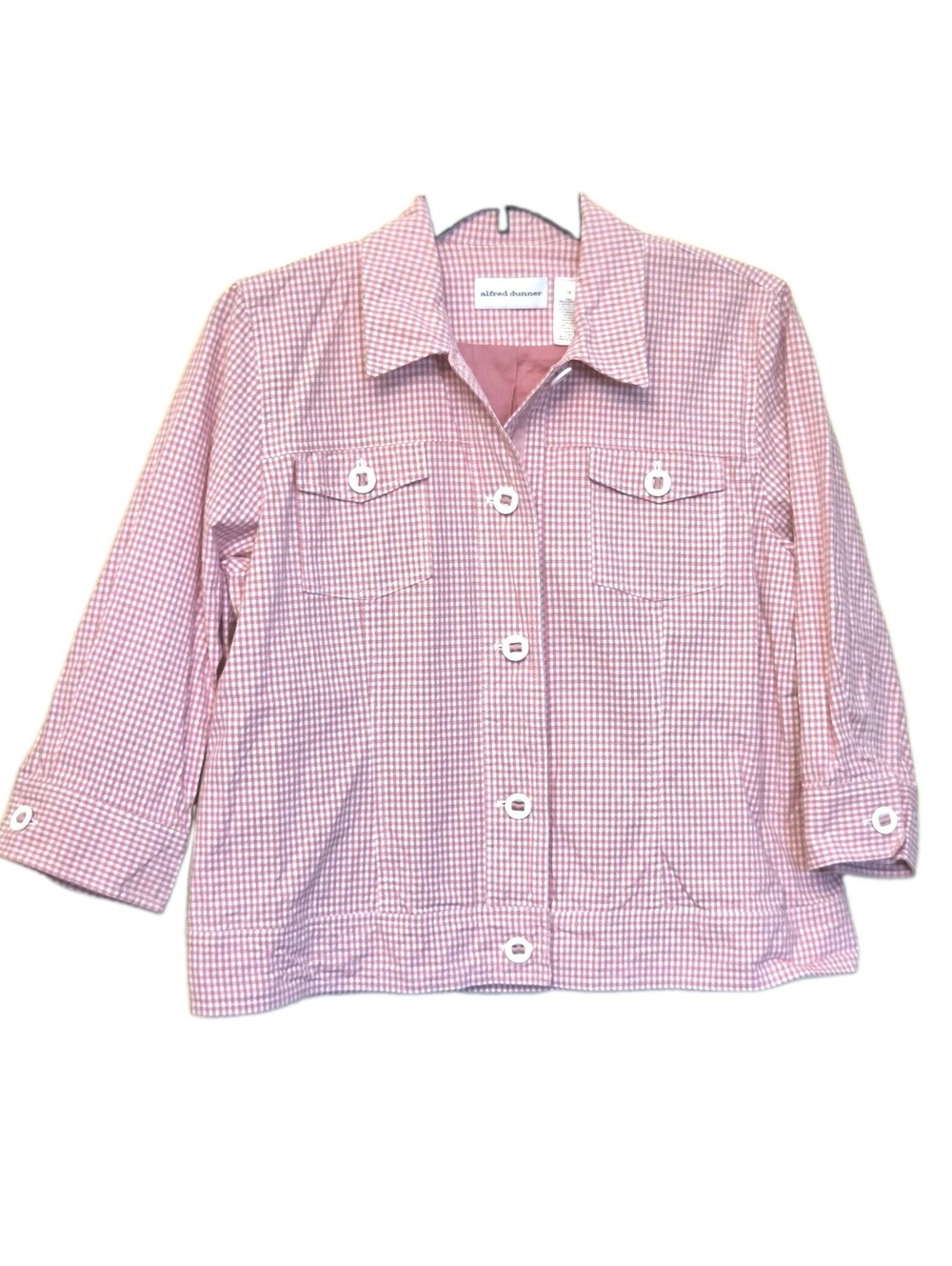 Alfred Dunner Pink Check Womens 12 Button Front Jacket 3/4 Sleeves Cottagecore